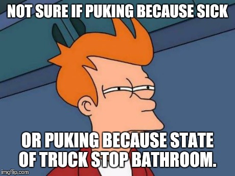 Futurama Fry | NOT SURE IF PUKING BECAUSE SICK OR PUKING BECAUSE STATE OF TRUCK STOP BATHROOM. | image tagged in memes,futurama fry | made w/ Imgflip meme maker