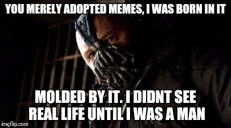 Permission Bane Meme | YOU MERELY ADOPTED MEMES, I WAS BORN IN IT MOLDED BY IT. I DIDNT SEE REAL LIFE UNTIL I WAS A MAN | image tagged in memes,permission bane | made w/ Imgflip meme maker