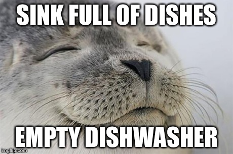 Satisfied Seal Meme | SINK FULL OF DISHES EMPTY DISHWASHER | image tagged in memes,satisfied seal,AdviceAnimals | made w/ Imgflip meme maker