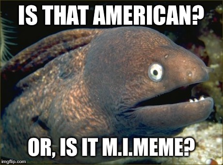 Bad Joke Eel Meme | IS THAT AMERICAN? OR, IS IT M.I.MEME? | image tagged in memes,bad joke eel | made w/ Imgflip meme maker