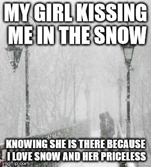 love snow | MY GIRL KISSING ME IN THE SNOW KNOWING SHE IS THERE BECAUSE I LOVE SNOW AND HER PRICELESS | image tagged in love snow | made w/ Imgflip meme maker