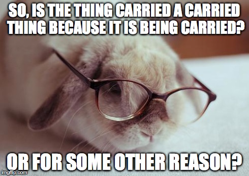 SO, IS THE THING CARRIED A CARRIED THING BECAUSE IT IS BEING CARRIED? OR FOR SOME OTHER REASON? | image tagged in philosobunny,philosophy | made w/ Imgflip meme maker