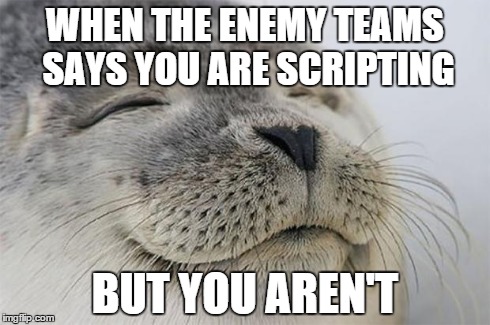 Satisfied Seal Meme | WHEN THE ENEMY TEAMS SAYS YOU ARE SCRIPTING BUT YOU AREN'T | image tagged in memes,satisfied seal,LeagueOfMemes | made w/ Imgflip meme maker