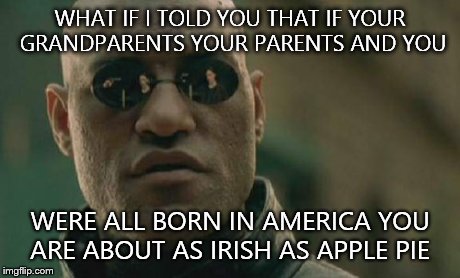 Matrix Morpheus | WHAT IF I TOLD YOU THAT IF YOUR GRANDPARENTS YOUR PARENTS AND YOU WERE ALL BORN IN AMERICA YOU ARE ABOUT AS IRISH AS APPLE PIE | image tagged in memes,matrix morpheus | made w/ Imgflip meme maker