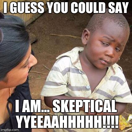Third World Skeptical Kid Meme | I GUESS YOU COULD SAY I AM... SKEPTICAL YYEEAAHHHHH!!!! | image tagged in memes,third world skeptical kid | made w/ Imgflip meme maker