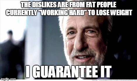 THE DISLIKES ARE FROM FAT PEOPLE CURRENTLY "WORKING HARD" TO LOSE WEIGHT I GUARANTEE IT | made w/ Imgflip meme maker