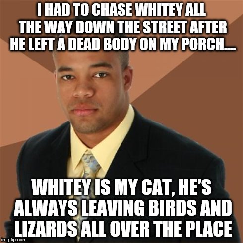 Successful Black Man | I HAD TO CHASE WHITEY ALL THE WAY DOWN THE STREET AFTER HE LEFT A DEAD BODY ON MY PORCH.... WHITEY IS MY CAT, HE'S ALWAYS LEAVING BIRDS AND  | image tagged in memes,successful black man | made w/ Imgflip meme maker