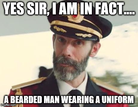Captain Obvious | YES SIR, I AM IN FACT.... A BEARDED MAN WEARING A UNIFORM | image tagged in captain obvious | made w/ Imgflip meme maker