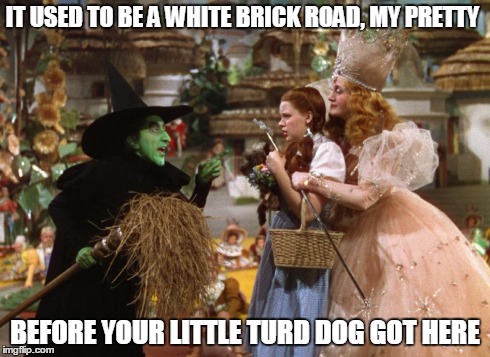 Follow the White Brick Road | IT USED TO BE A WHITE BRICK ROAD, MY PRETTY BEFORE YOUR LITTLE TURD DOG GOT HERE | image tagged in vince vance,toto,wicked witch,wizard of oz,piss jokes,yellow brick road | made w/ Imgflip meme maker