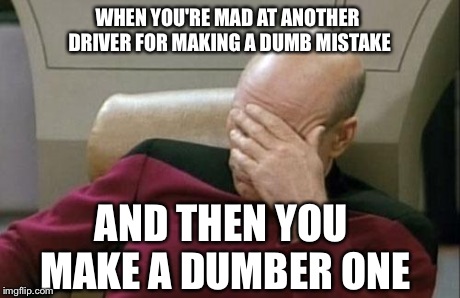 Captain Picard Facepalm | WHEN YOU'RE MAD AT ANOTHER DRIVER FOR MAKING A DUMB MISTAKE AND THEN YOU MAKE A DUMBER ONE | image tagged in memes,captain picard facepalm | made w/ Imgflip meme maker