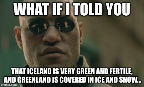 Matrix Morpheus | WHAT IF I TOLD YOU THAT ICELAND IS VERY GREEN AND FERTILE, AND GREENLAND IS COVERED IN ICE AND SNOW... | image tagged in memes,matrix morpheus | made w/ Imgflip meme maker
