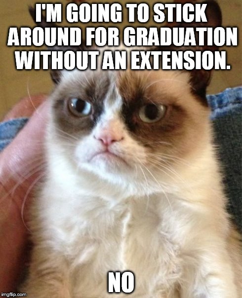 Grumpy Cat | I'M GOING TO STICK AROUND FOR GRADUATION WITHOUT AN EXTENSION. NO | image tagged in memes,grumpy cat | made w/ Imgflip meme maker