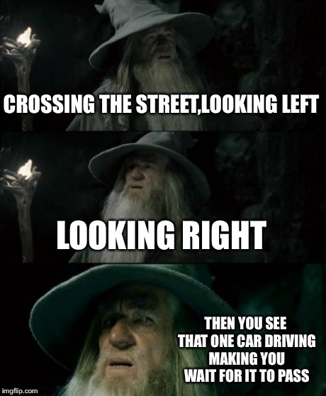 Confused Gandalf Meme | CROSSING THE STREET,LOOKING LEFT LOOKING RIGHT THEN YOU SEE THAT ONE CAR DRIVING MAKING YOU WAIT FOR IT TO PASS | image tagged in memes,confused gandalf | made w/ Imgflip meme maker