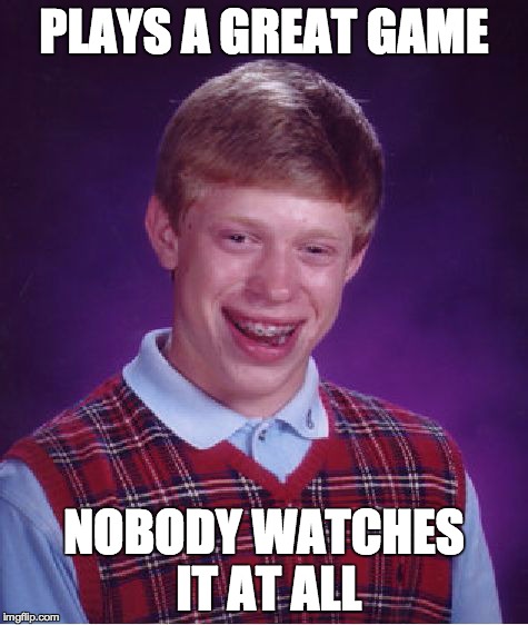 Bad Luck Brian Meme | PLAYS A GREAT GAME NOBODY WATCHES IT AT ALL | image tagged in memes,bad luck brian | made w/ Imgflip meme maker