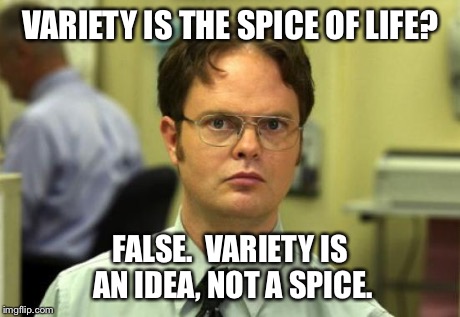 Dwight Schrute | VARIETY IS THE SPICE OF LIFE? FALSE.  VARIETY IS AN IDEA, NOT A SPICE. | image tagged in memes,dwight schrute | made w/ Imgflip meme maker