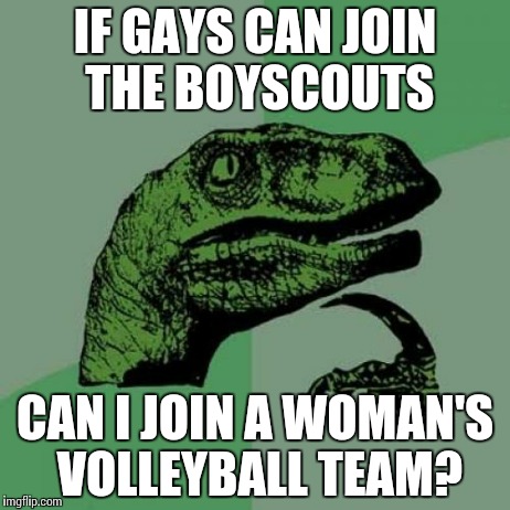 I'm a dude | IF GAYS CAN JOIN THE BOYSCOUTS CAN I JOIN A WOMAN'S VOLLEYBALL TEAM? | image tagged in memes,philosoraptor,volleyball | made w/ Imgflip meme maker