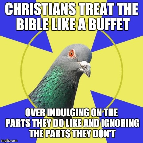 religion pigeon | CHRISTIANS TREAT THE BIBLE LIKE A BUFFET OVER INDULGING ON THE PARTS THEY DO LIKE AND IGNORING THE PARTS THEY DON'T | image tagged in religion pigeon,memes,religion | made w/ Imgflip meme maker