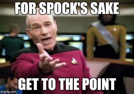 When someone goes on and on... | FOR SPOCK'S SAKE GET TO THE POINT | image tagged in memes,picard wtf | made w/ Imgflip meme maker