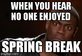 Kevin Hart Meme | WHEN YOU HEAR NO ONE ENJOYED SPRING BREAK | image tagged in memes,kevin hart the hell | made w/ Imgflip meme maker