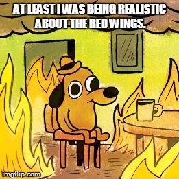 Dog in burning house | AT LEAST I WAS BEING REALISTIC ABOUT THE RED WINGS. | image tagged in dog in burning house | made w/ Imgflip meme maker