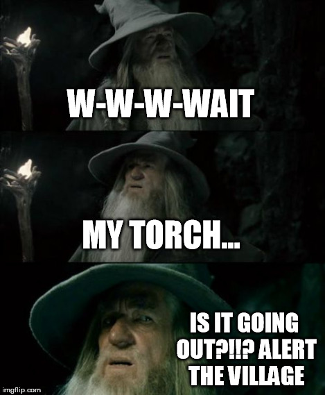 Confused Gandalf | W-W-W-WAIT MY TORCH... IS IT GOING OUT?!!? ALERT THE VILLAGE | image tagged in memes,confused gandalf | made w/ Imgflip meme maker