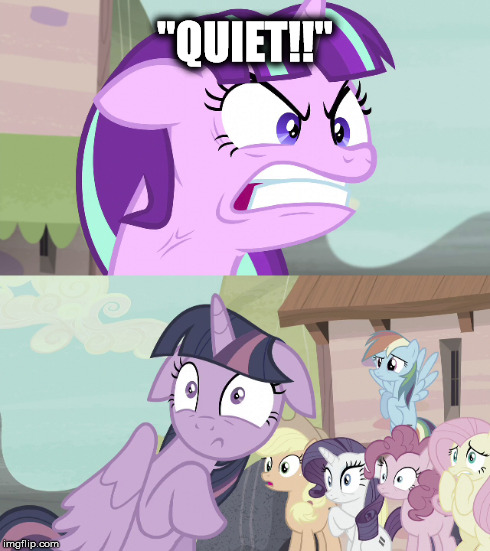 Starlight Glimmer Yells "QUIET!!" | "QUIET!!" | image tagged in my little pony,brony,mlp,starlight glimmer,twilight sparkle,season 5 | made w/ Imgflip meme maker