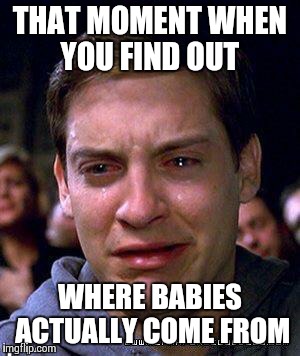 peter crying  | THAT MOMENT WHEN YOU FIND OUT WHERE BABIES ACTUALLY COME FROM | image tagged in peter crying | made w/ Imgflip meme maker