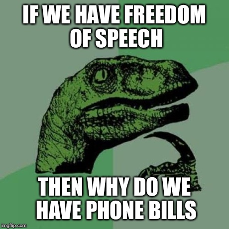 Philosoraptor Meme | IF WE HAVE FREEDOM OF SPEECH THEN WHY DO WE HAVE PHONE BILLS | image tagged in memes,philosoraptor | made w/ Imgflip meme maker