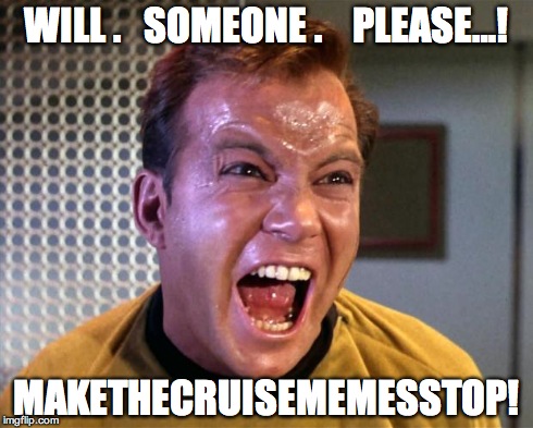 Captain Kirk Screaming | WILL .   SOMEONE .    PLEASE…! MAKETHECRUISEMEMESSTOP! | image tagged in captain kirk screaming | made w/ Imgflip meme maker