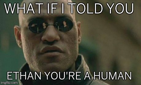 Matrix Morpheus Meme | WHAT IF I TOLD YOU ETHAN YOU'RE A HUMAN | image tagged in memes,matrix morpheus | made w/ Imgflip meme maker