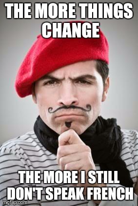 plus ça change, plus c'est la même chose | THE MORE THINGS CHANGE THE MORE I STILL DON'T SPEAK FRENCH | image tagged in frenchman | made w/ Imgflip meme maker