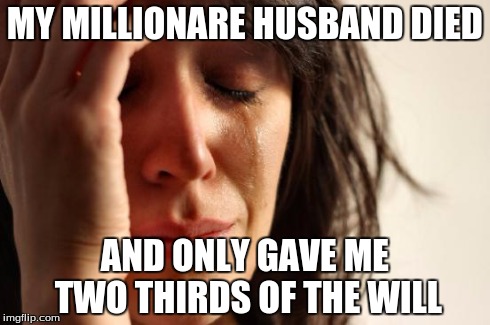 First World Problems | MY MILLIONARE HUSBAND DIED AND ONLY GAVE ME TWO THIRDS OF THE WILL | image tagged in memes,first world problems | made w/ Imgflip meme maker