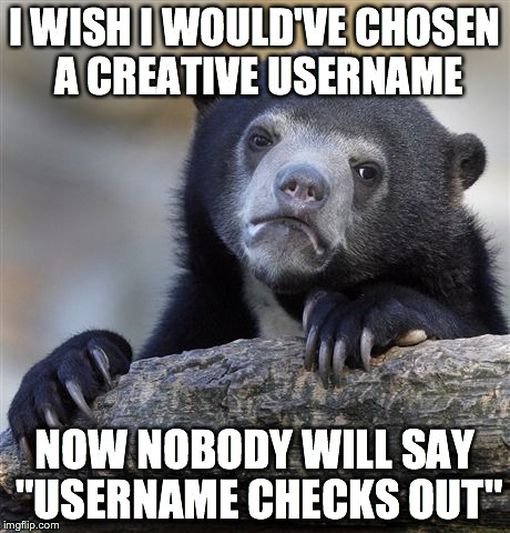 Confession Bear | I WISH I WOULD'VE CHOSEN A CREATIVE USERNAME NOW NOBODY WILL SAY "USERNAME CHECKS OUT" | image tagged in memes,confession bear,AdviceAnimals | made w/ Imgflip meme maker