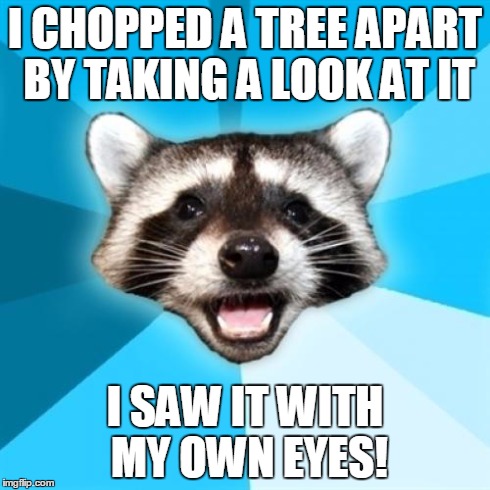 Lame Pun Coon | I CHOPPED A TREE APART BY TAKING A LOOK AT IT I SAW IT WITH MY OWN EYES! | image tagged in memes,lame pun coon | made w/ Imgflip meme maker