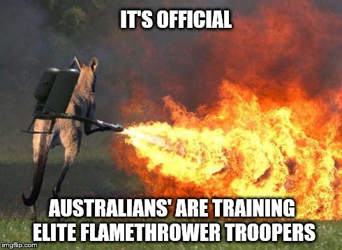 Australian Flamethrowers | IT'S OFFICIAL AUSTRALIANS' ARE TRAINING ELITE FLAMETHROWER TROOPERS | image tagged in kangaroo,flame,flamethrower | made w/ Imgflip meme maker