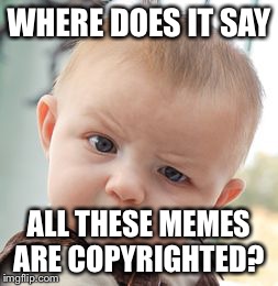 I see nowhere on screen to say anything of the sort | WHERE DOES IT SAY ALL THESE MEMES ARE COPYRIGHTED? | image tagged in memes,skeptical baby | made w/ Imgflip meme maker