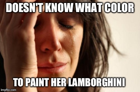 First World Problems | DOESN'T KNOW WHAT COLOR TO PAINT HER LAMBORGHINI | image tagged in memes,first world problems | made w/ Imgflip meme maker