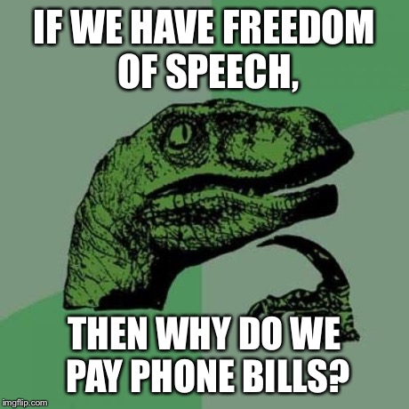 Philosoraptor | IF WE HAVE FREEDOM OF SPEECH, THEN WHY DO WE PAY PHONE BILLS? | image tagged in memes,philosoraptor | made w/ Imgflip meme maker