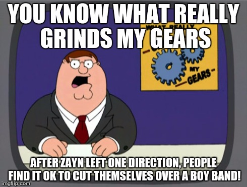 Peter Griffin News Meme | YOU KNOW WHAT REALLY GRINDS MY GEARS AFTER ZAYN LEFT ONE DIRECTION, PEOPLE FIND IT OK TO CUT THEMSELVES OVER A BOY BAND! | image tagged in memes,peter griffin news | made w/ Imgflip meme maker
