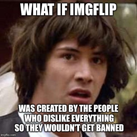 Conspiracy Keanu Meme | WHAT IF IMGFLIP WAS CREATED BY THE PEOPLE WHO DISLIKE EVERYTHING SO THEY WOULDN'T GET BANNED | image tagged in memes,conspiracy keanu | made w/ Imgflip meme maker