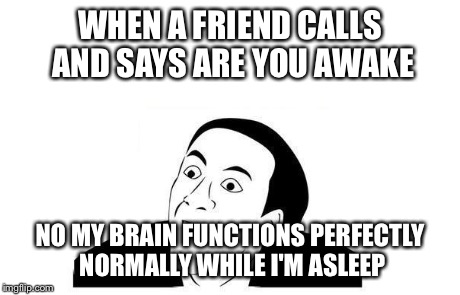 WHEN A FRIEND CALLS AND SAYS ARE YOU AWAKE NO MY BRAIN FUNCTIONS PERFECTLY NORMALLY WHILE I'M ASLEEP | image tagged in you don't say,memes | made w/ Imgflip meme maker