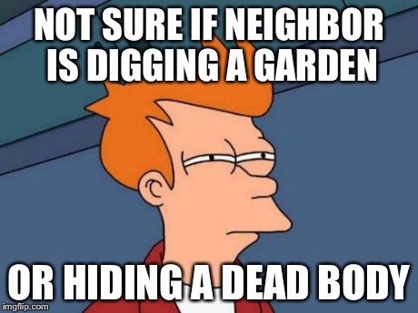 Futurama Fry | NOT SURE IF NEIGHBOR IS DIGGING A GARDEN OR HIDING A DEAD BODY | image tagged in memes,futurama fry | made w/ Imgflip meme maker