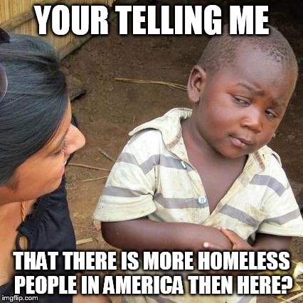 Third World Skeptical Kid Meme | YOUR TELLING ME THAT THERE IS MORE HOMELESS PEOPLE IN AMERICA THEN HERE? | image tagged in memes,third world skeptical kid | made w/ Imgflip meme maker