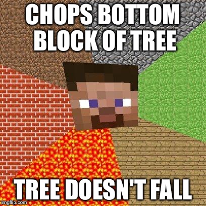 Minecraft Guy | CHOPS BOTTOM BLOCK OF TREE TREE DOESN'T FALL | image tagged in minecraft guy | made w/ Imgflip meme maker