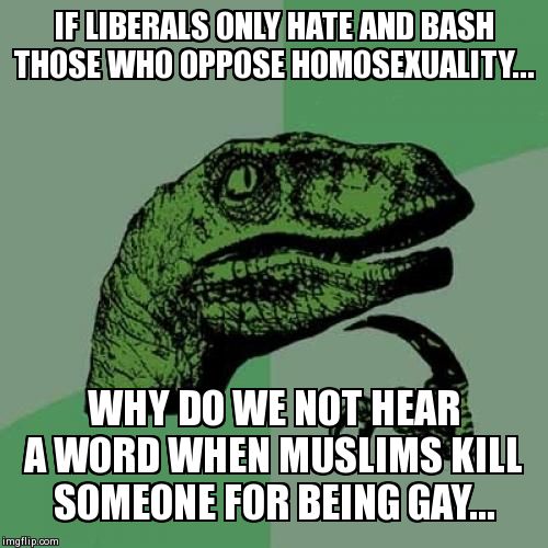 IF LIBERALS ONLY HATE AND BASH THOSE WHO OPPOSE HOMOSEXUALITY... WHY DO WE NOT HEAR A WORD WHEN MUSLIMS KILL SOMEONE FOR BEING GAY... | image tagged in memes,philosoraptor | made w/ Imgflip meme maker