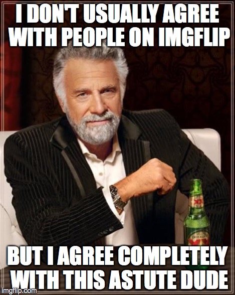 The Most Interesting Man In The World Meme | I DON'T USUALLY AGREE WITH PEOPLE ON IMGFLIP BUT I AGREE COMPLETELY WITH THIS ASTUTE DUDE | image tagged in memes,the most interesting man in the world | made w/ Imgflip meme maker