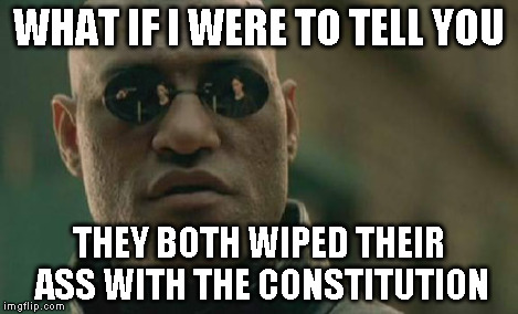 Matrix Morpheus Meme | WHAT IF I WERE TO TELL YOU THEY BOTH WIPED THEIR ASS WITH THE CONSTITUTION | image tagged in memes,matrix morpheus | made w/ Imgflip meme maker