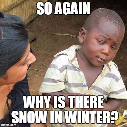 Third World Skeptical Kid | SO AGAIN WHY IS THERE SNOW IN WINTER? | image tagged in memes,third world skeptical kid | made w/ Imgflip meme maker