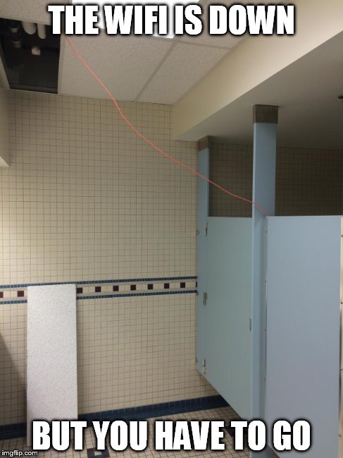 CAT-5 Bathroom | THE WIFI IS DOWN BUT YOU HAVE TO GO | image tagged in cat-5 bathroom,wifi | made w/ Imgflip meme maker