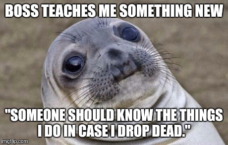 Awkward Moment Sealion | BOSS TEACHES ME SOMETHING NEW "SOMEONE SHOULD KNOW THE THINGS I DO IN CASE I DROP DEAD." | image tagged in memes,awkward moment sealion,AdviceAnimals | made w/ Imgflip meme maker